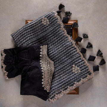 Classy Black Colour Embroidery Dorry Work Designer Saree With Blouse