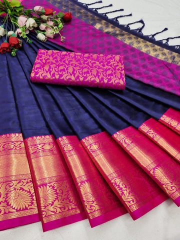 Delectable Navy Blue Soft Silk Saree With Pleasurable Blouse Piece