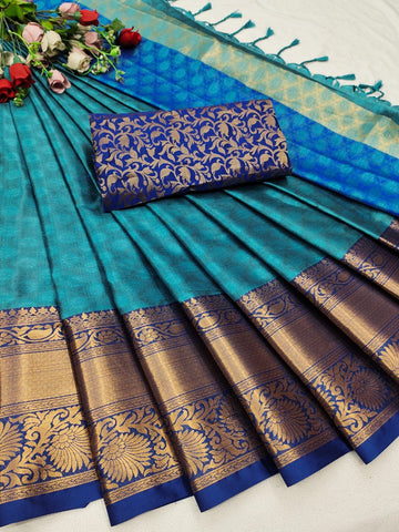 Gratifying Rama Soft Silk Saree With Amiable Blouse Piece