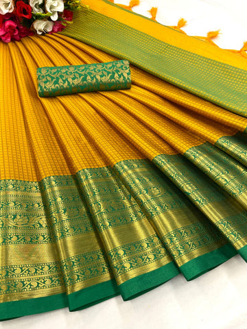 Tremendous Mustard Soft Silk Saree With Elaborate Blouse Piece
