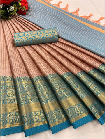 Imbrication Peach Soft Silk Saree With Lassitude Blouse Piece