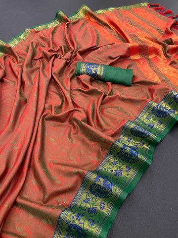 Prettiest Orange Soft Silk Saree With Inspiring Blouse Piece