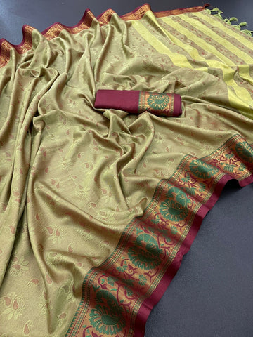Stunner Pista Soft Silk Saree With Traditional Blouse Piece