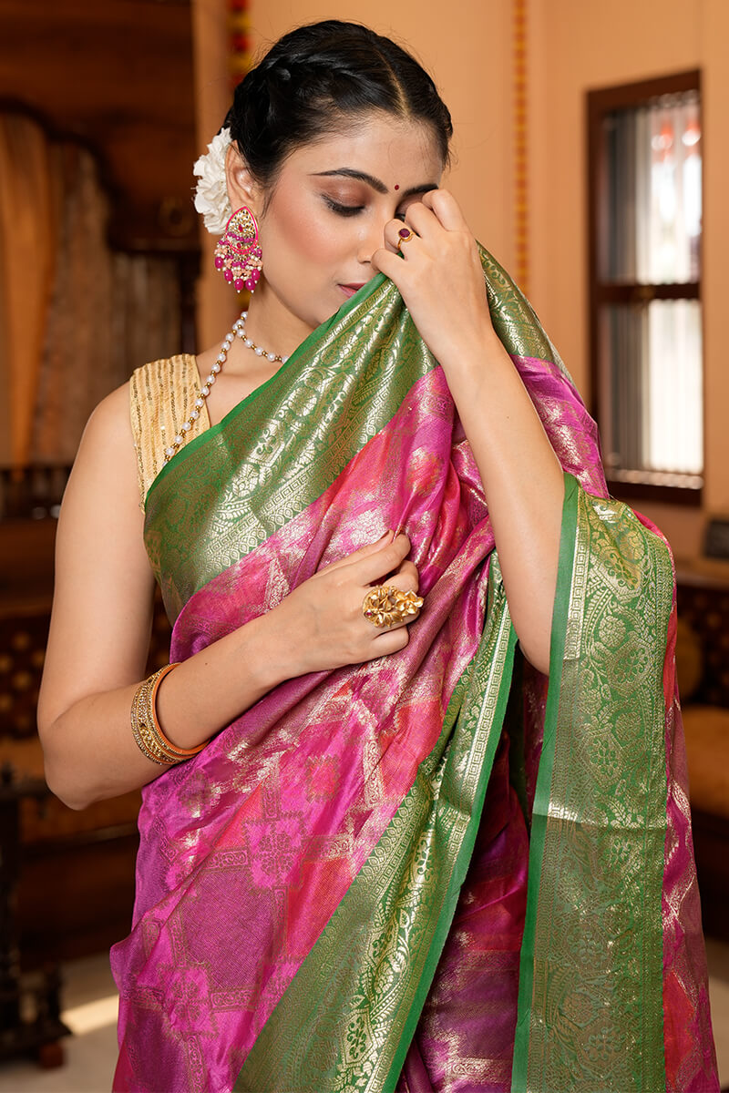 Trendy Dark Pink Organza Silk Saree With Marvellous Blouse Piece