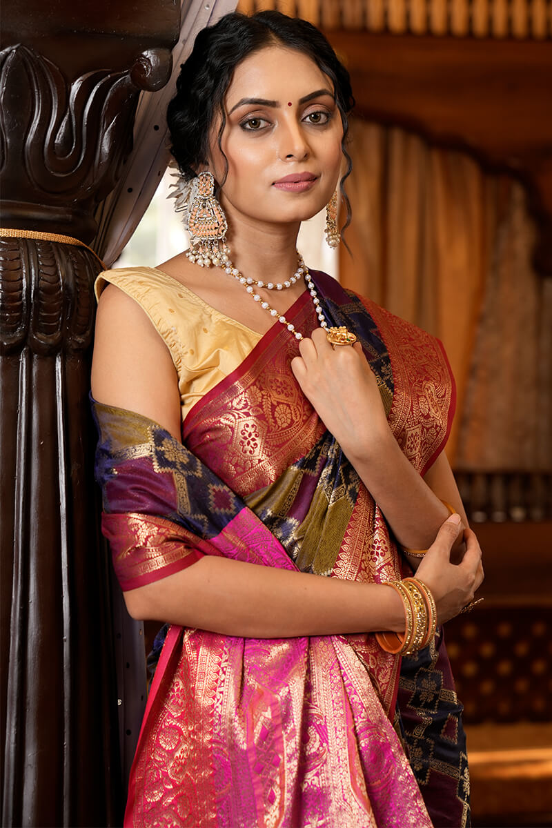 Flattering Navy Blue Organza Silk Saree With Redolent Amazing Piece