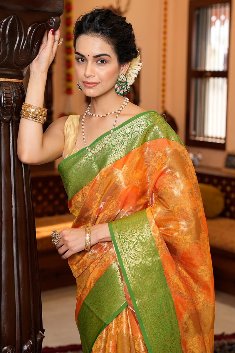Precious Orange Organza Silk Saree With Sophisticated Blouse Piece
