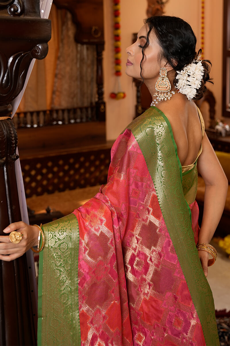 Energetic Pink Organza Silk Saree With Capricious Blouse Piece