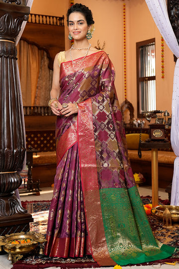 Dazzling Purple Organza Silk Saree With Phenomenal Blouse Piece
