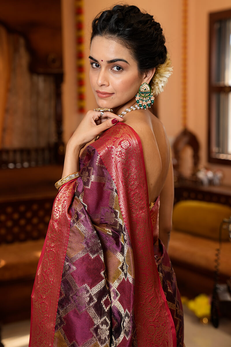 Dazzling Purple Organza Silk Saree With Phenomenal Blouse Piece