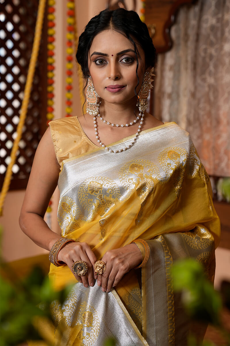 Transcendent Mustard Organza Silk Saree With Fragrant Blouse Piece