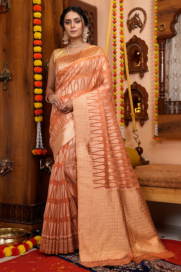 Artistic Peach Organza Silk Saree With Snappy Blouse Piece