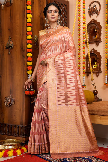 Incomparable Pink Organza Silk Saree With Snappy Blouse Piece