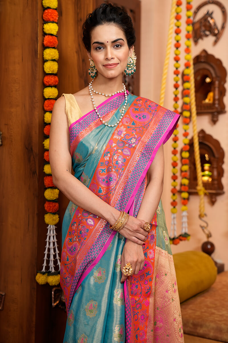 Eloquence Rama Soft Banarasi Silk Saree With Palimpsest Blouse Piece