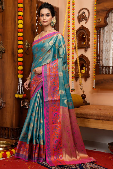 Eloquence Rama Soft Banarasi Silk Saree With Palimpsest Blouse Piece