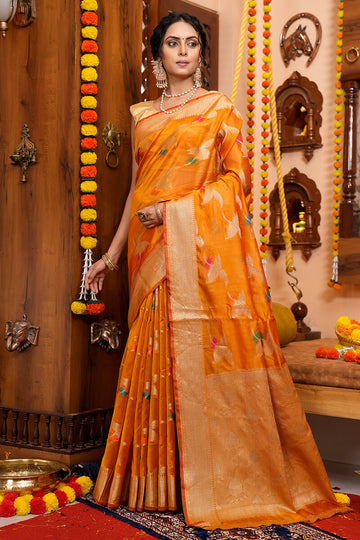 Luxuriant Orange Organza Silk Saree With Lassitude Blouse Piece