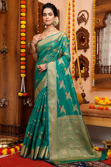 Prodigal Rama Organza Silk Saree With Evanescent Blouse Piece