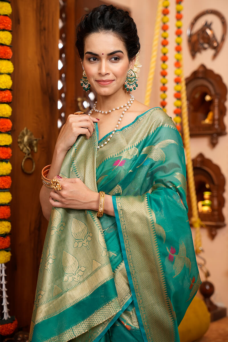 Prodigal Rama Organza Silk Saree With Evanescent Blouse Piece