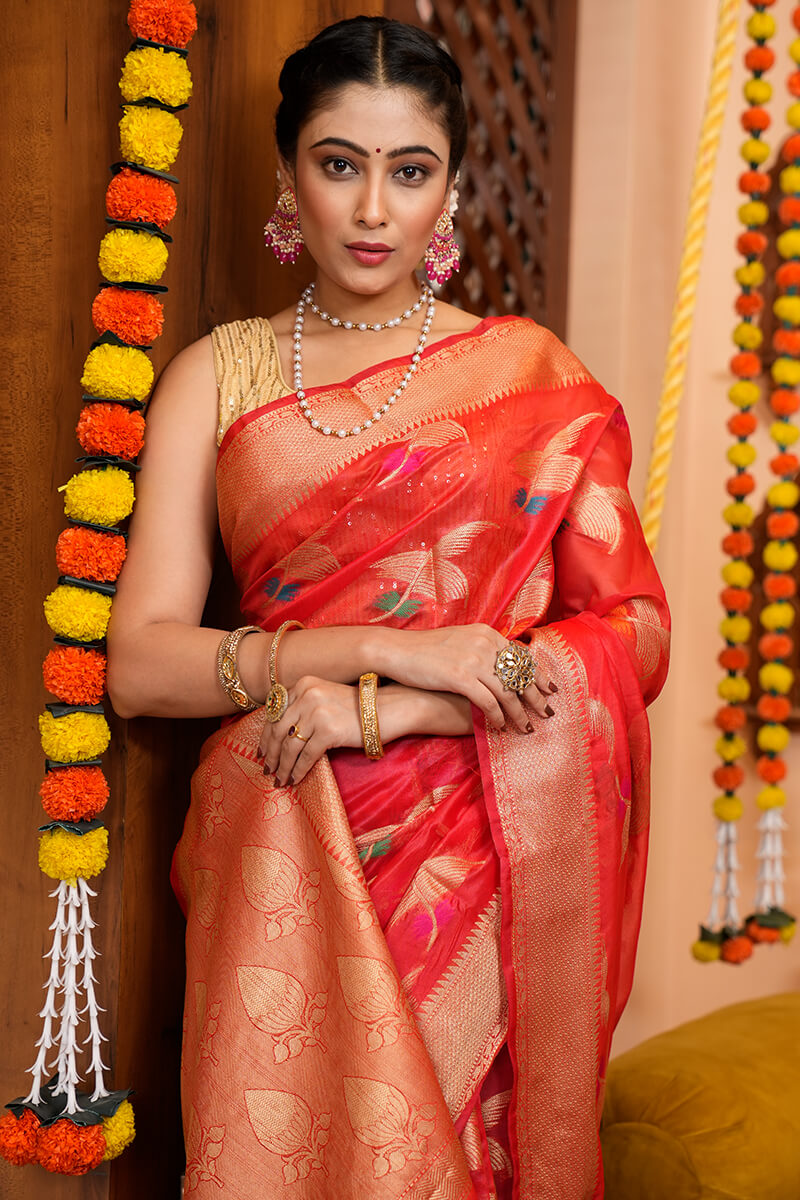 Scrumptious Red Organza Silk Saree With Conflate Blouse Piece