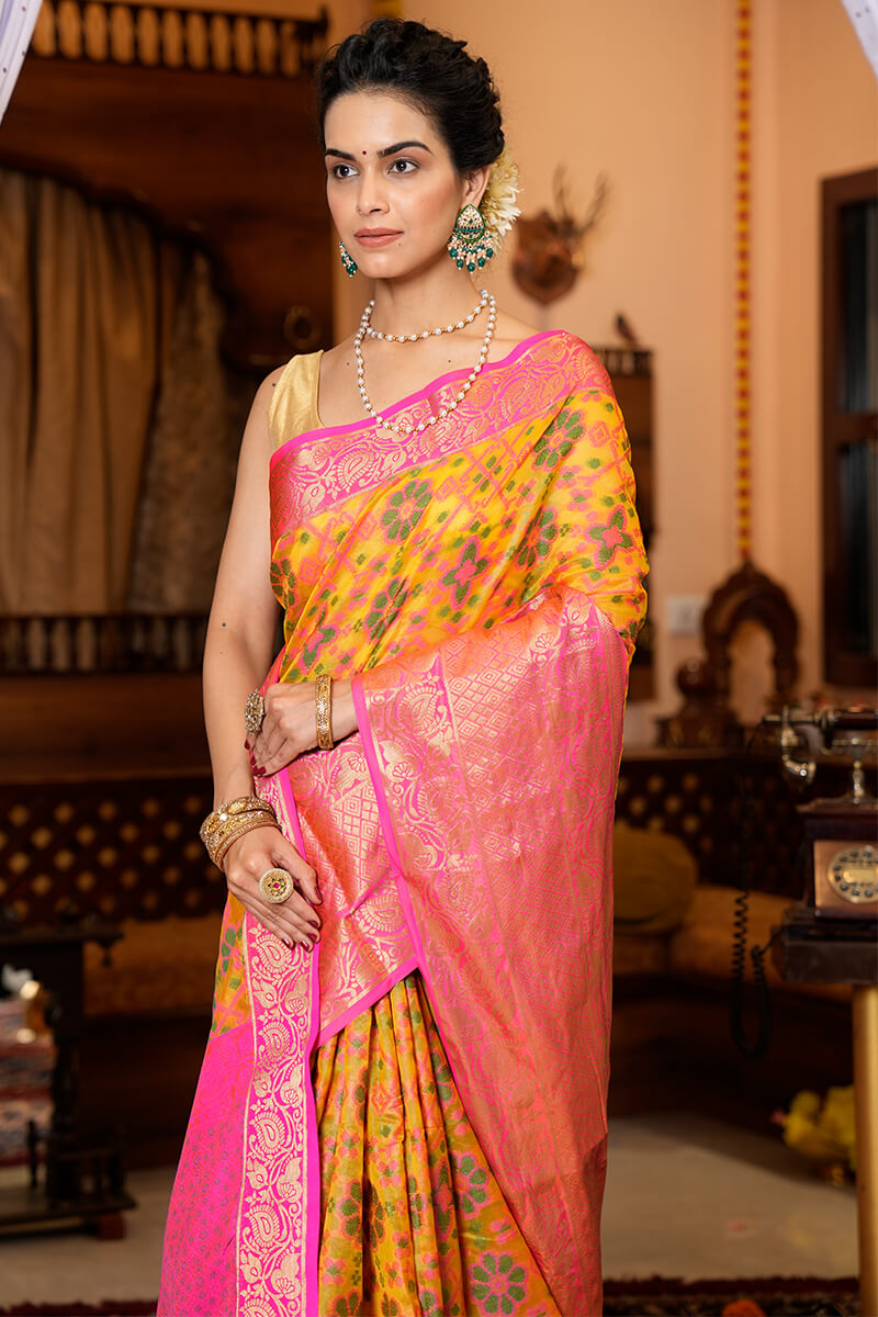 Incredible Yellow Organza Silk Saree With Prodigal Blouse Piece