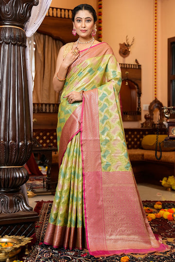 Murmurous Green Organza Silk Saree With Redolent Blouse Piece