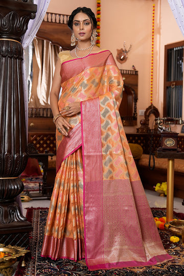 Forbearance Orange Organza Silk Saree With Magnetic Blouse Piece