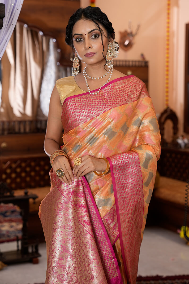 Forbearance Orange Organza Silk Saree With Magnetic Blouse Piece