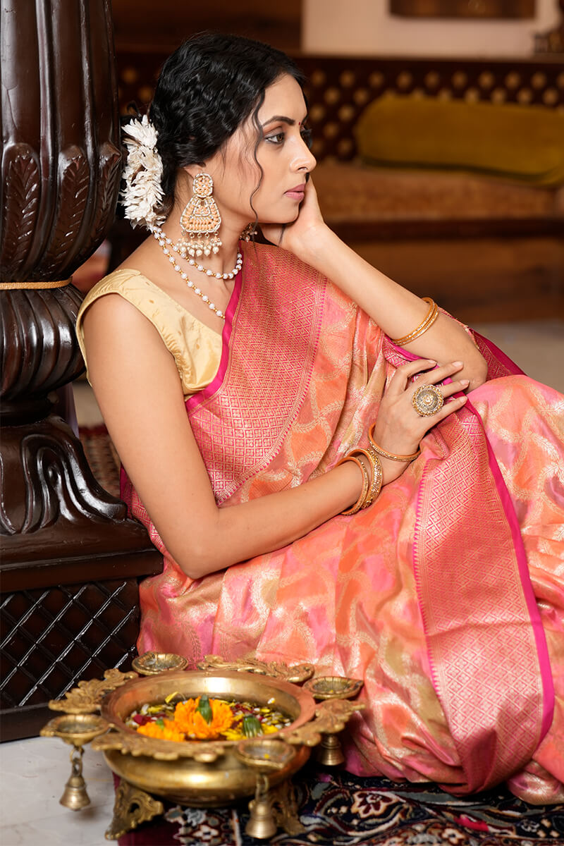 Efflorescence Pink Organza Silk Saree With Fantabulous Blouse Piece
