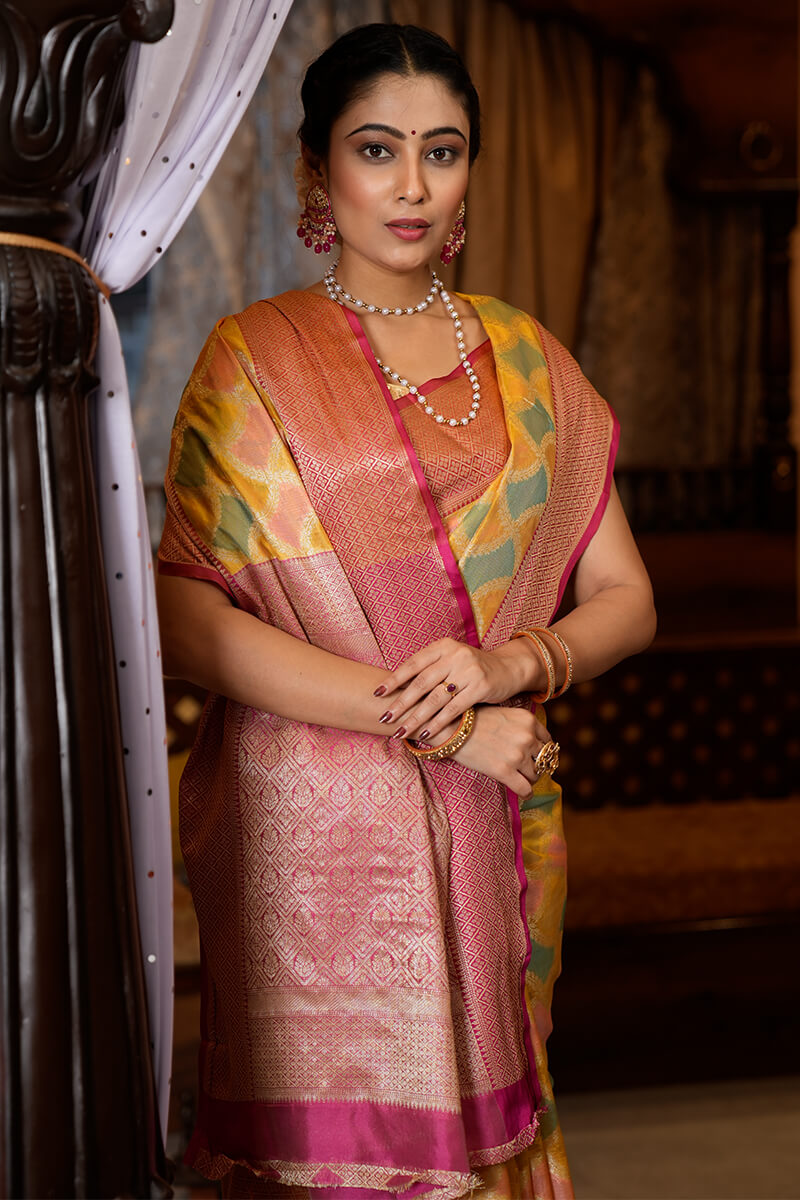 Enticing Yellow Organza Silk Saree With Glittering Blouse Piece