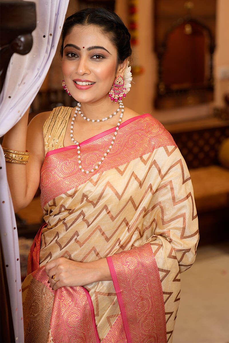 Trendy Beige Soft Banarasi Silk Saree With Flattering Blouse Piece