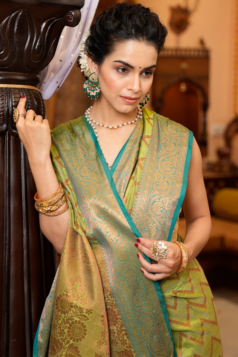 Amazing Mehndi Soft Banarasi Silk Saree With Extraordinary Blouse Piece