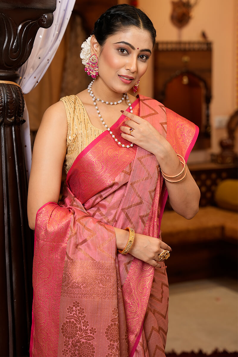 Flaunt Pink Soft Banarasi Silk Saree With Lissome Blouse Piece