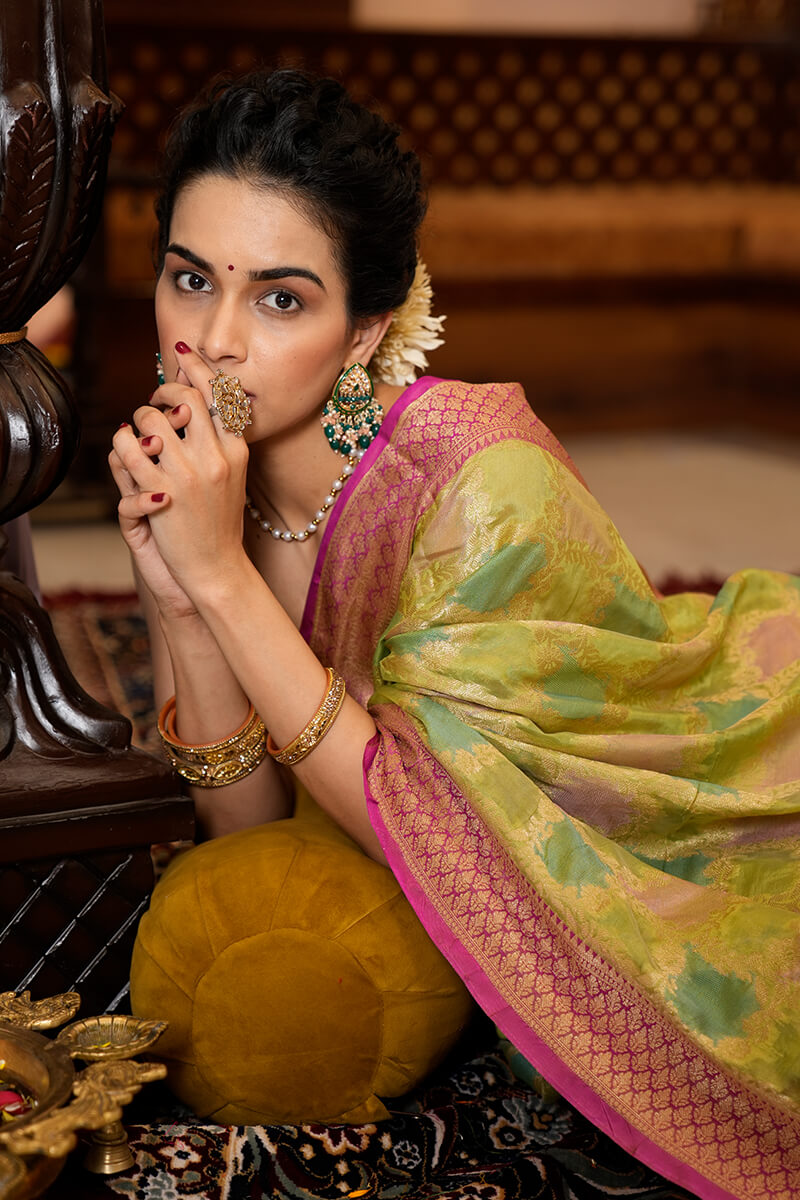 Preferable Mehndi Organza Silk Saree With Adoring Blouse Piece