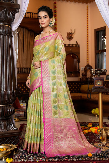Preferable Mehndi Organza Silk Saree With Adoring Blouse Piece