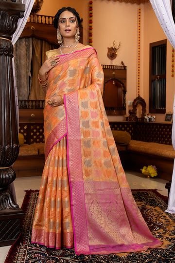 Fancifull Orange Organza Silk Saree With Ailurophile Blouse Piece
