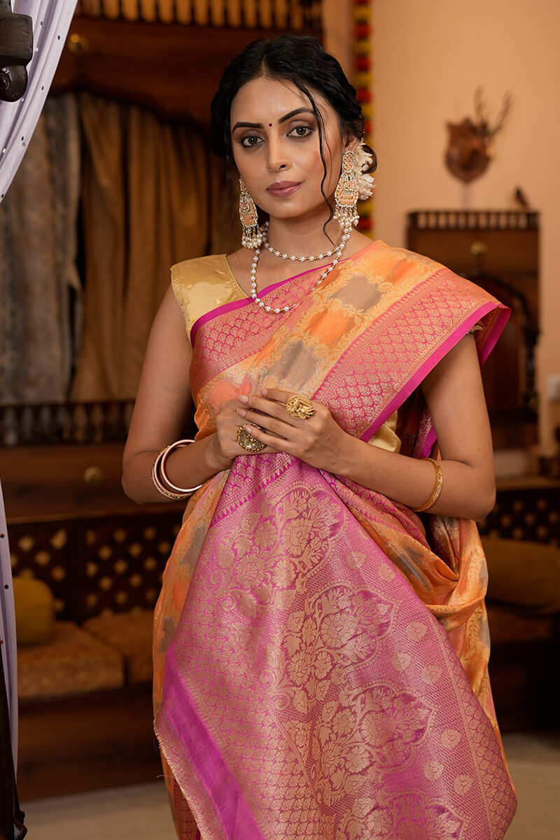Fancifull Orange Organza Silk Saree With Ailurophile Blouse Piece