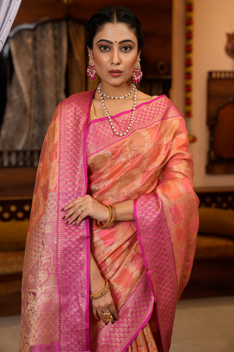 Admirable Pink Organza Silk Saree With Diaphanous Blouse Piece