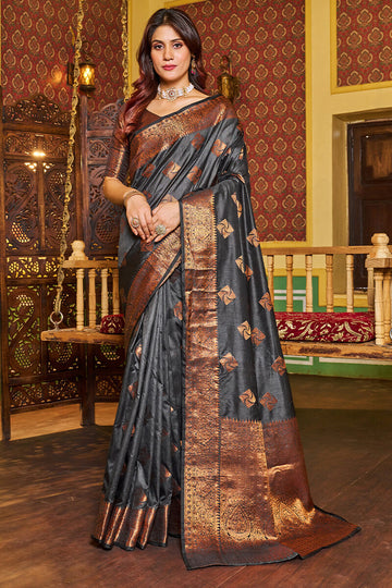 Petrichor Grey Soft Banarasi Silk Saree With Delectable Blouse Piece
