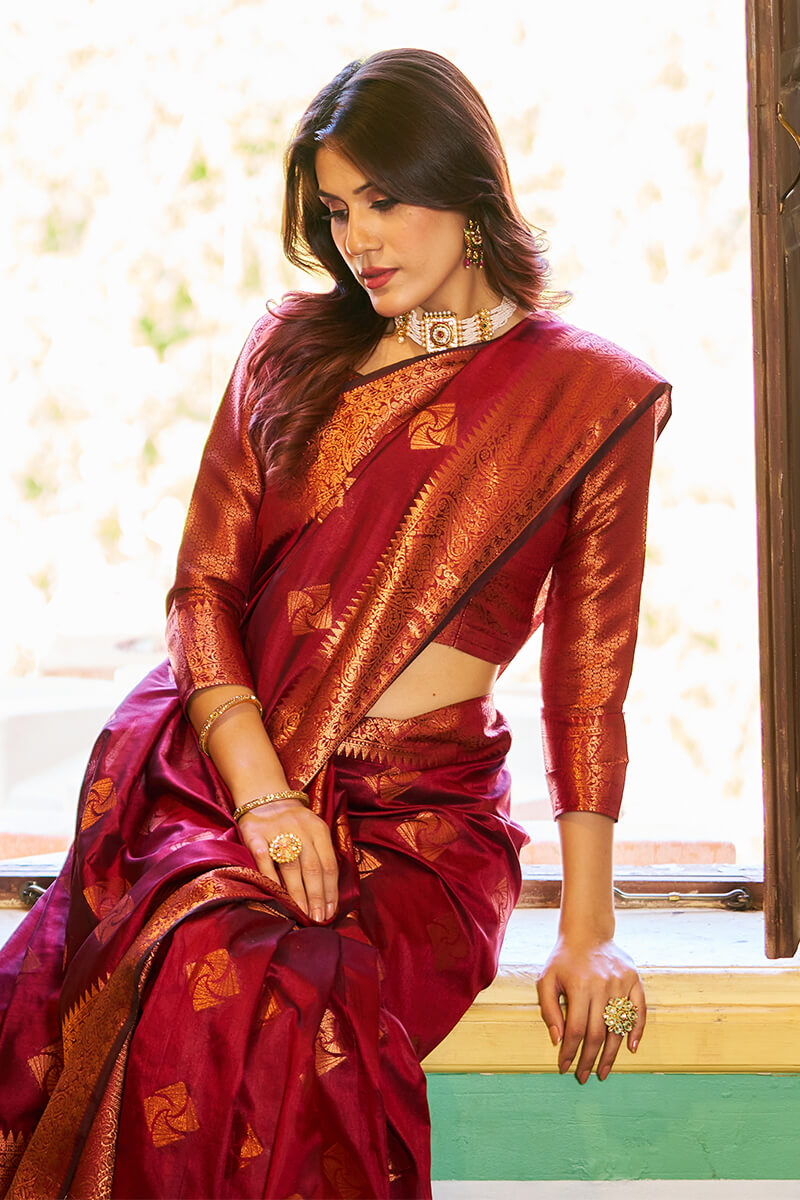 Sempiternal Maroon Soft Banarasi Silk Saree With Imaginative Blouse Piece