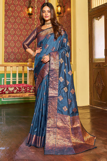 Exuberant Navy Blue Soft Banarasi Silk Saree With Devastating Blouse Piece