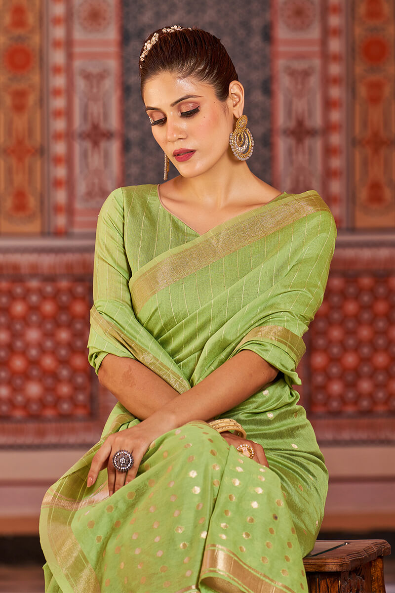 Vestigial Green Linen Cotton Silk Saree With Incredible Blouse Piece