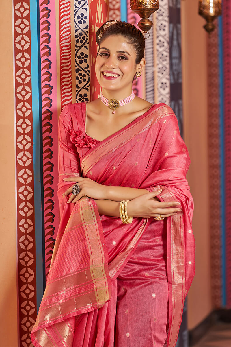 Diaphanous Red Linen Cotton Silk Saree With Chatoyant Blouse Piece