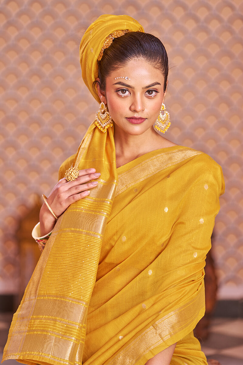 Exquisite Yellow Linen Cotton Silk Saree With Glorious Blouse Piece