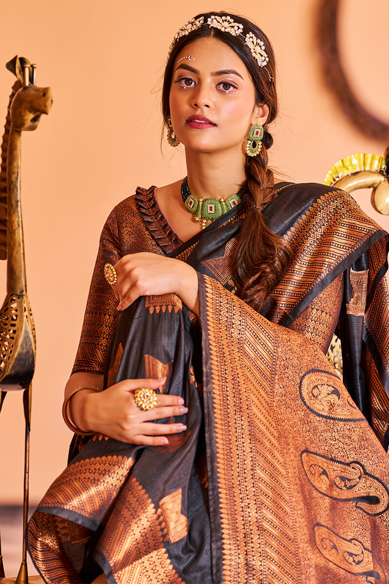 Prominent Black Soft Banarasi Silk Saree With Adorable Blouse Piece