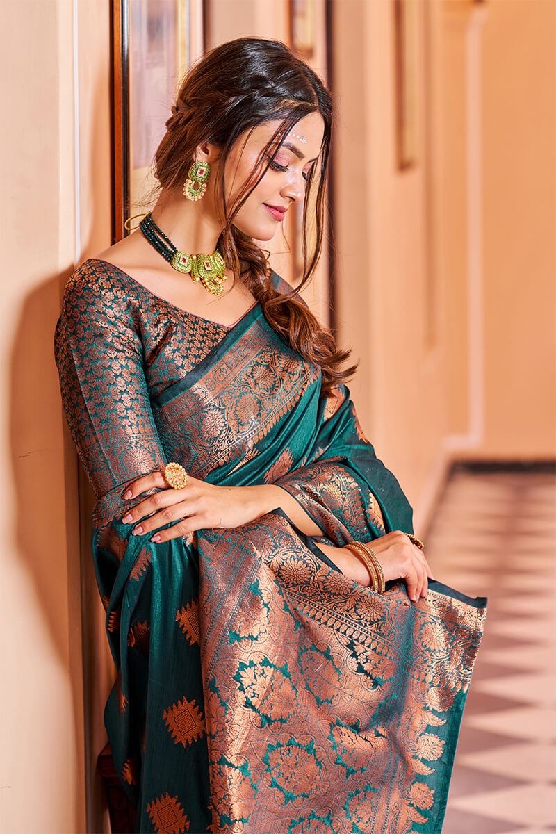 Prettiest Rama Soft Banarasi Silk Saree With Adorning Blouse Piece