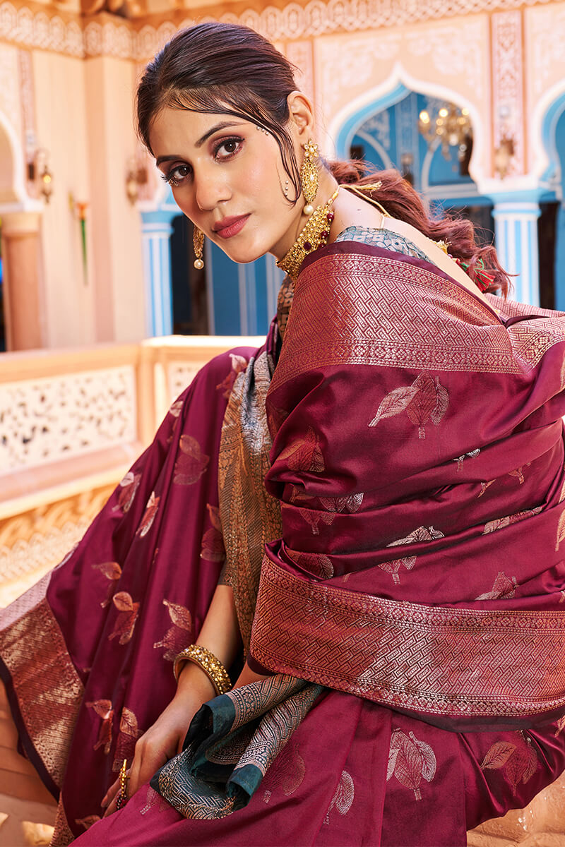 Mellifluous Wine Soft Banarasi Silk Saree With Pleasurable Blouse Piece