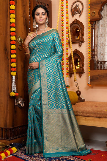 Forbearance Firozi Kanjivaram Silk With Lassitude Blouse Piece