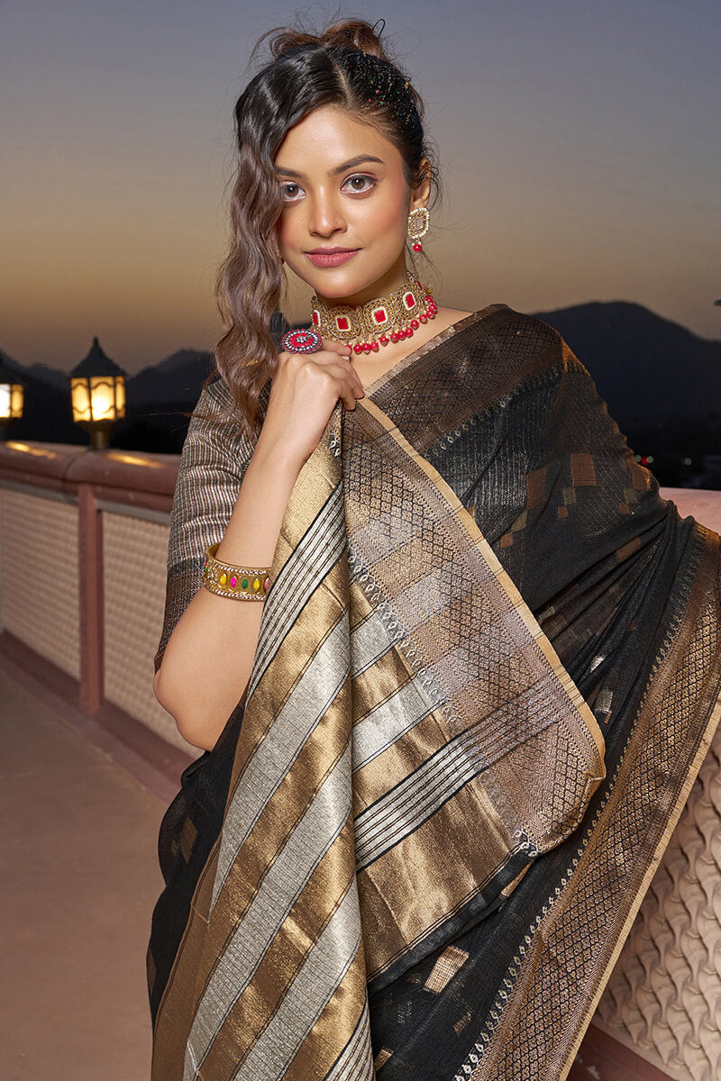Pleasant Black Soft Silk Saree with Prettiest Blouse Piece