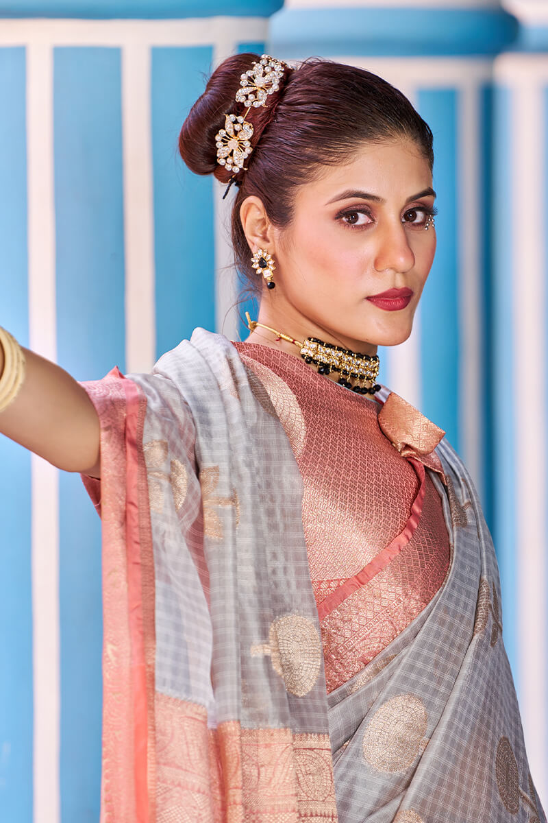 Amiable Grey Organza Silk Saree With Fragrant Blouse Piece