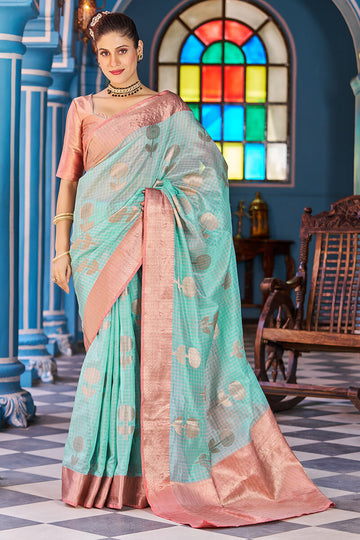 Incredible Sea Green Organza Silk Saree With Fantabulous Blouse Piece