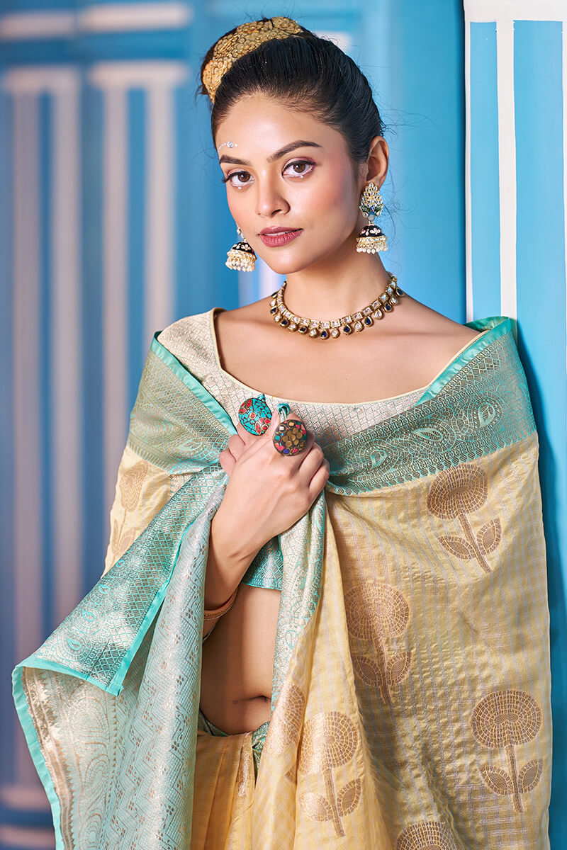 Scrumptious Yellow Organza Silk Saree With Luxuriant Blouse Piece